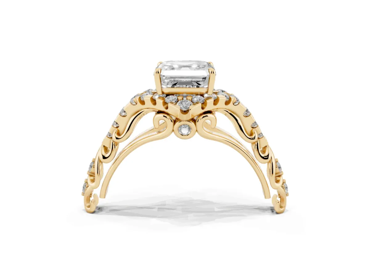 Asscher Cut Diamond Solitaire Ring with Hidden Halo and Pavé Band Yellow gold