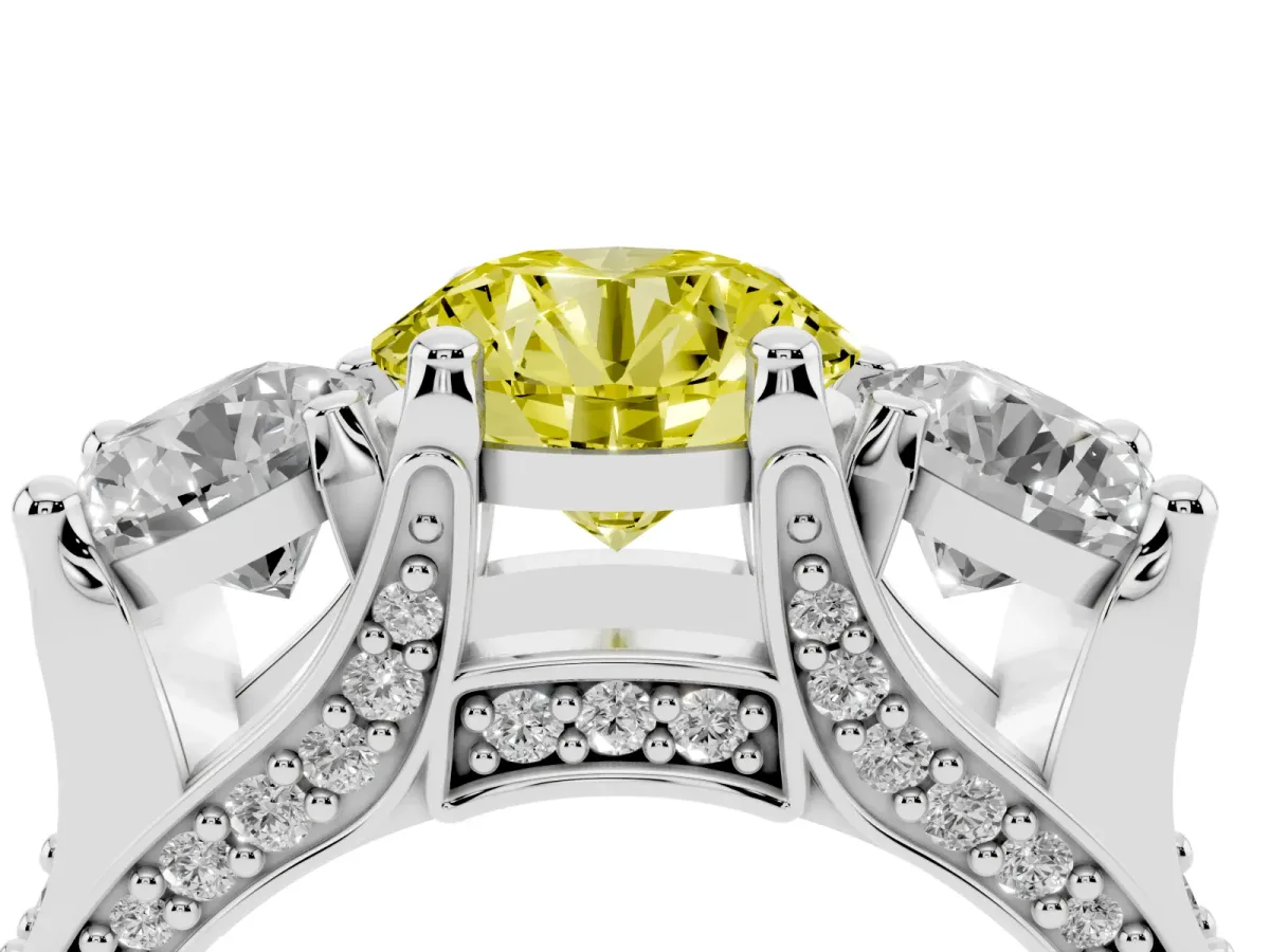 Fancy Yellow Round Cut Diamond Three-Stone Ring with Channel Set Band and Four-Prong Setting Silver