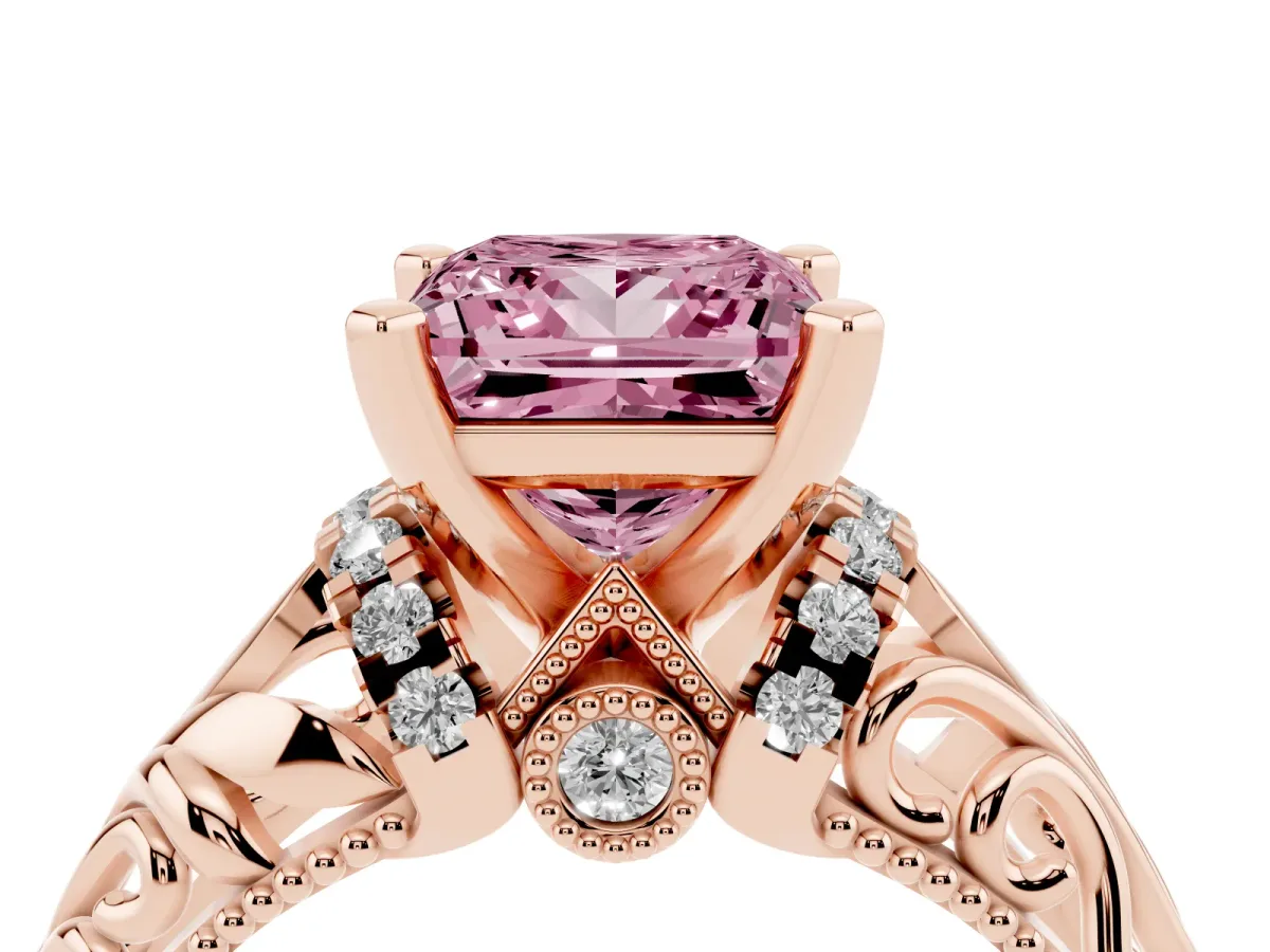 Fancy Pink Princess Cut Solitaire Filigree Engagement Ring with Halo and Prong Setting Rose gold