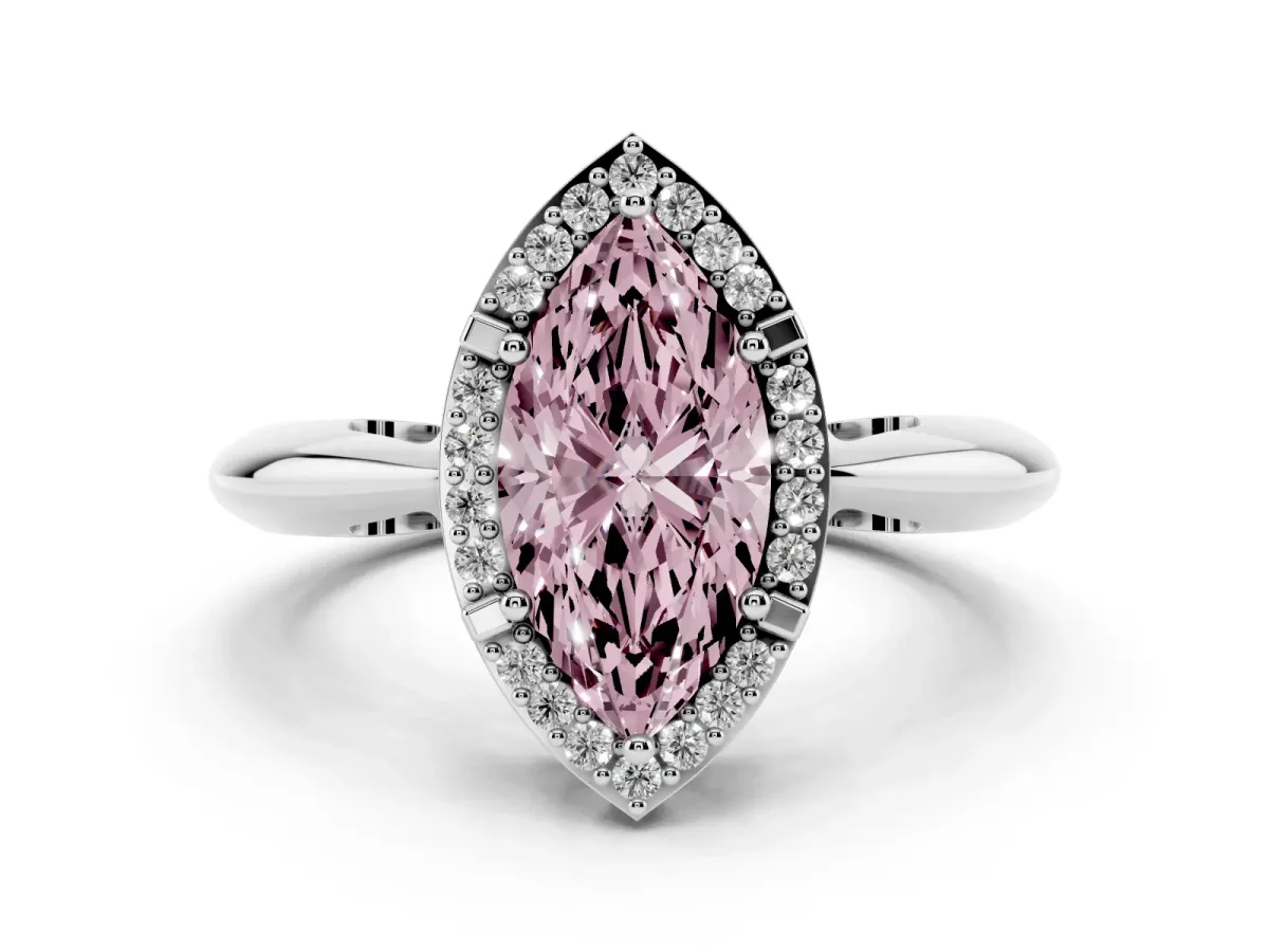 Fancy Pink Marquise Cut Cut Diamond Halo Engagement Ring with Split Shank and Four-Prong Setting Platinum