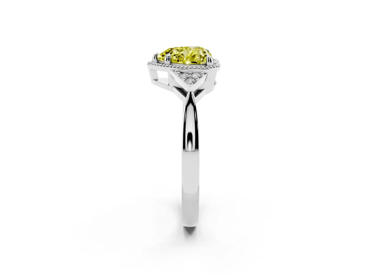 Fancy Yellow Heart Cut Diamond Halo Ring with Tapered Band and Four-Prong Setting Silver