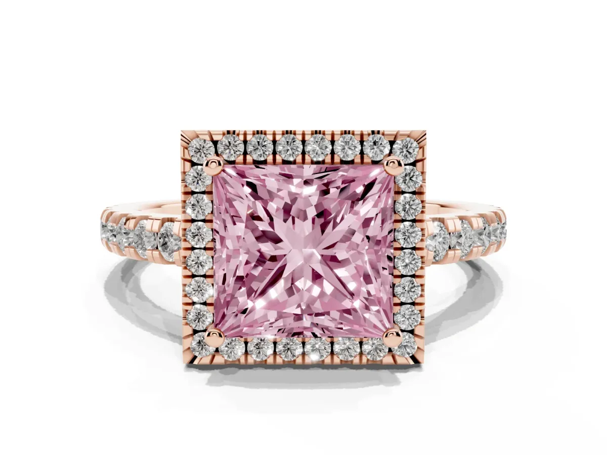 Fancy Pink Princess Cut Diamond Halo Ring with Pavé Band and Four-Prong Setting Rose gold