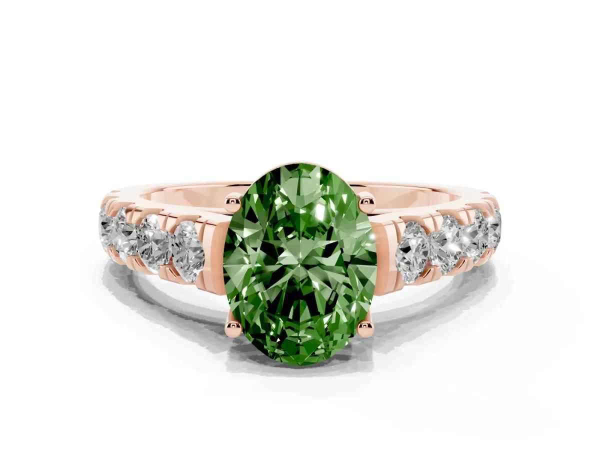Fancy Green Oval Cut Cut Diamond Solitaire Ring with Micro Pave Band and Prong Setting Rose gold