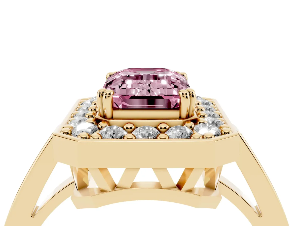Fancy Pink Emerald Cut Diamond Halo Ring with Split Shank and Four-Prong Setting Yellow gold