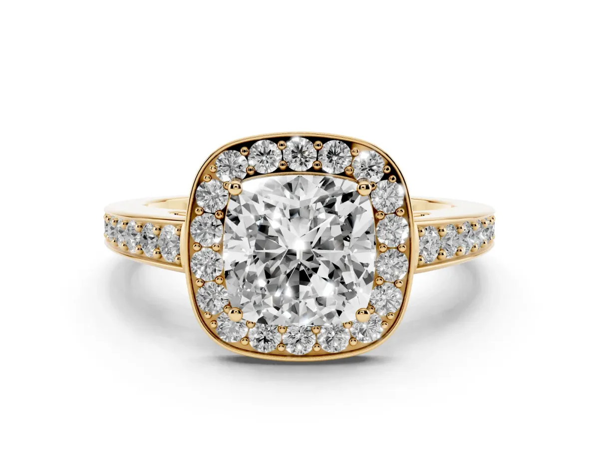 Cushion Cut Halo Pavé Diamond Engagement Ring with Bezel Setting Yellow gold