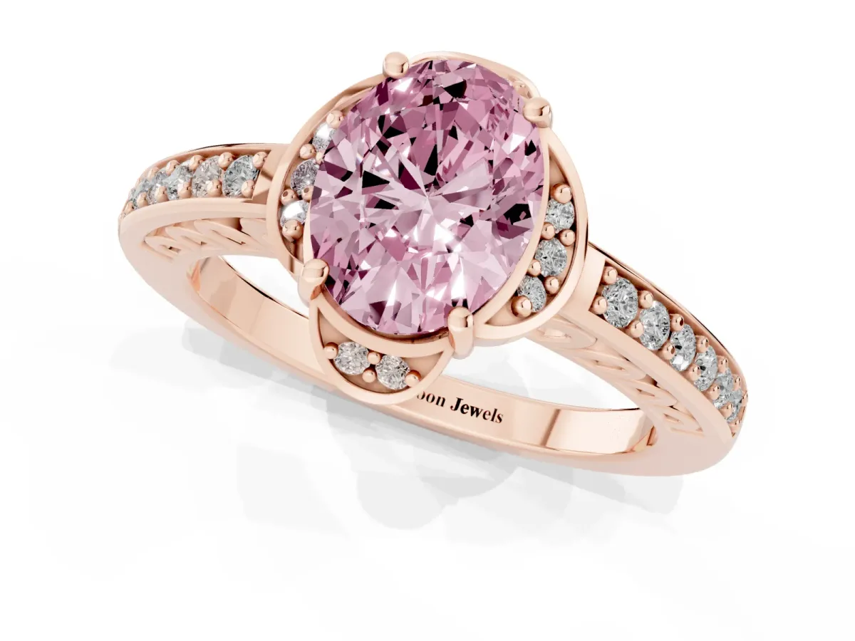 Fancy Pink Oval Cut Cut Halo Diamond Ring with Channel Set Band and Four-Prong Setting Rose gold