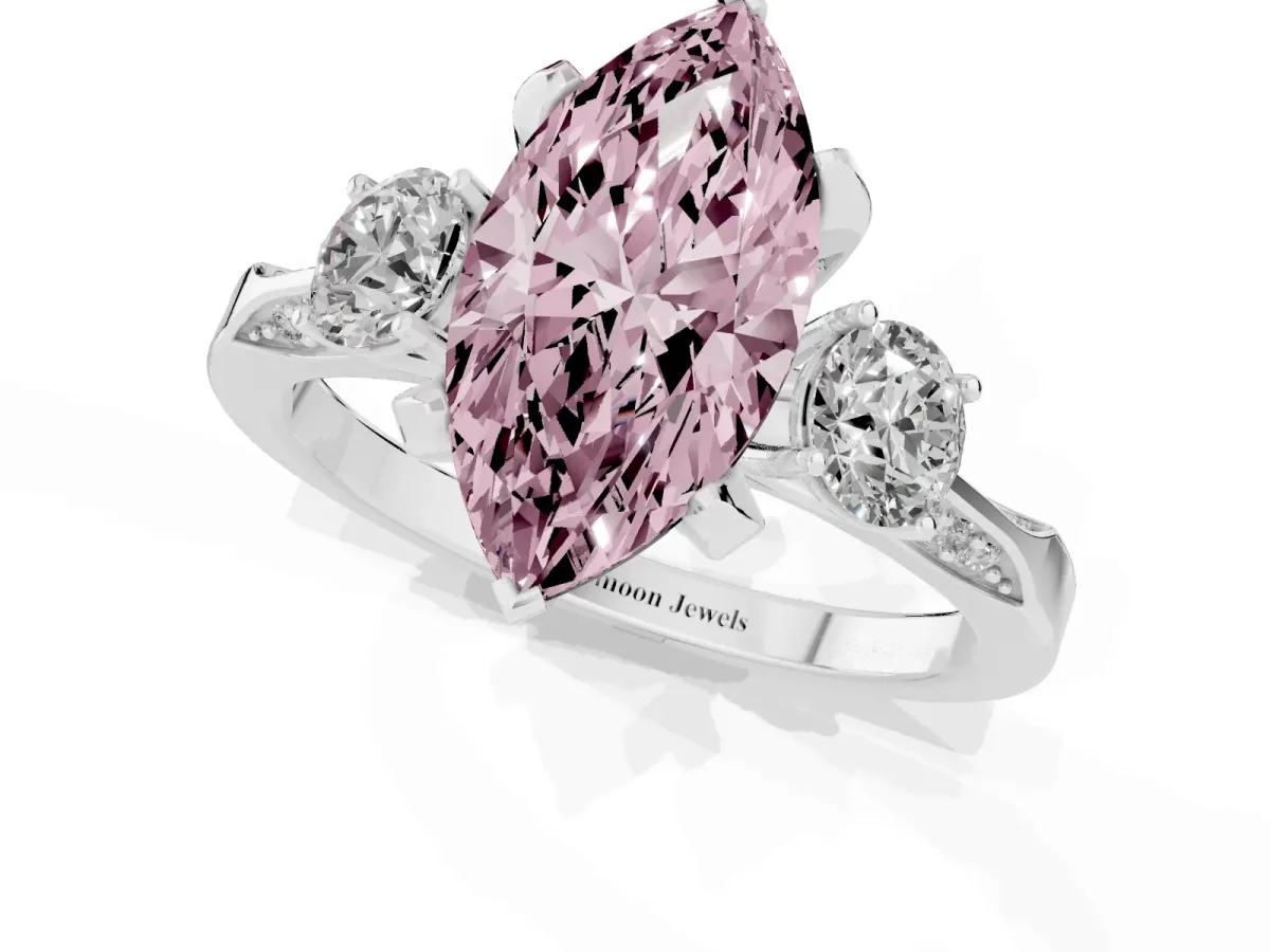 Fancy Pink Marquise Cut Brilliant Three-Stone Diamond Ring with Pavé Band and Four-Prong Setting Silver