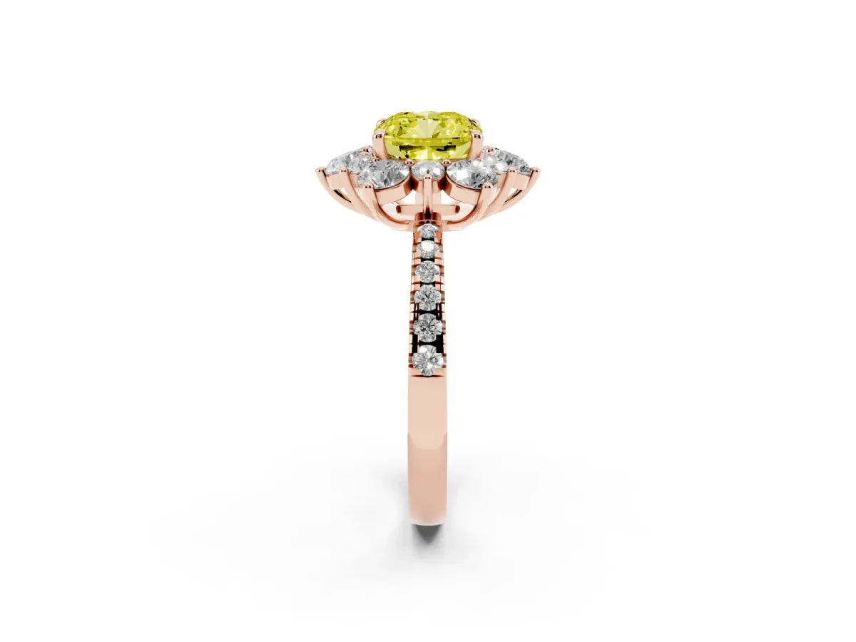 Fancy Yellow Cushion Cut Diamond Floral Halo Ring with Round Pavé Band and Prong Setting Rose gold