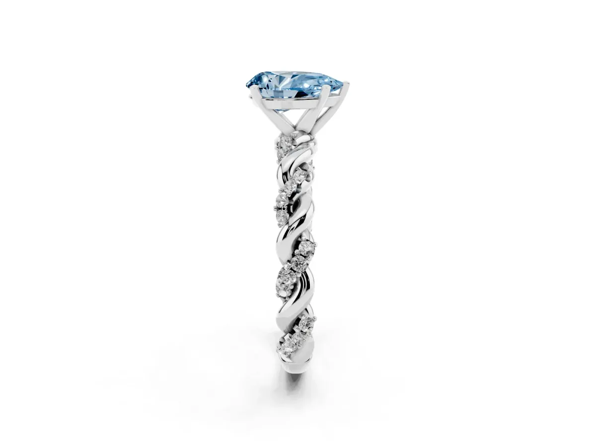 Fancy Blue Pear Cut Diamond Solitaire Ring with Twisted Band and Pavé Accents Silver