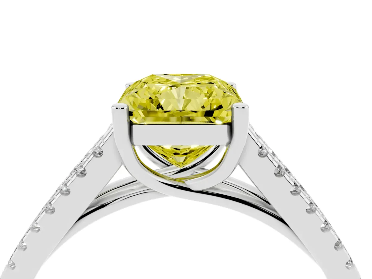 Fancy Yellow Radiant Cut Diamond Solitaire Engagement Ring with Split Shank Pavé Band Silver