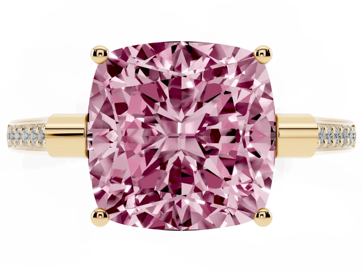 Fancy Pink Cushion Cut Solitaire Diamond Ring with Channel Set Band and Bezel Prong Setting Yellow gold