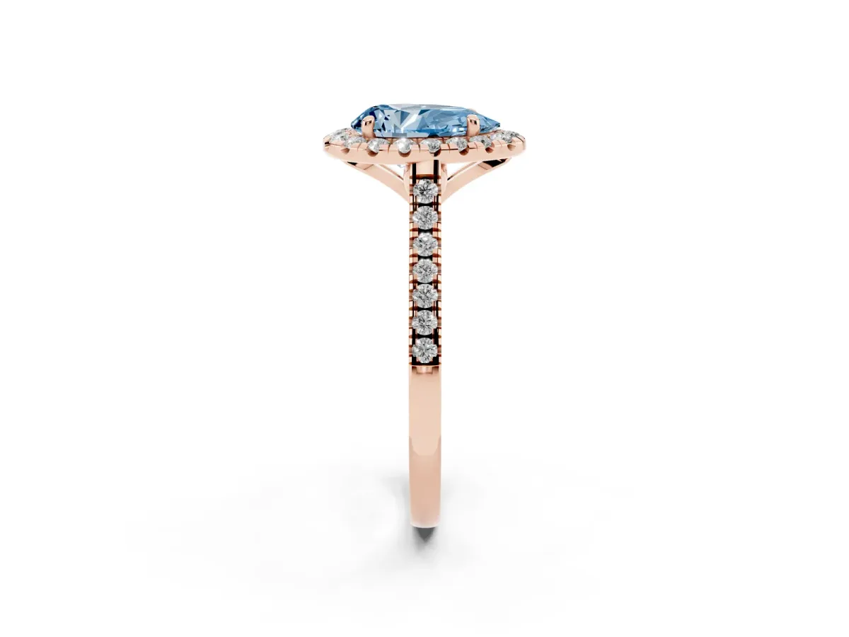 Fancy Blue Pear Cut Diamond Cushion Halo Ring with Pavé Band Rose gold