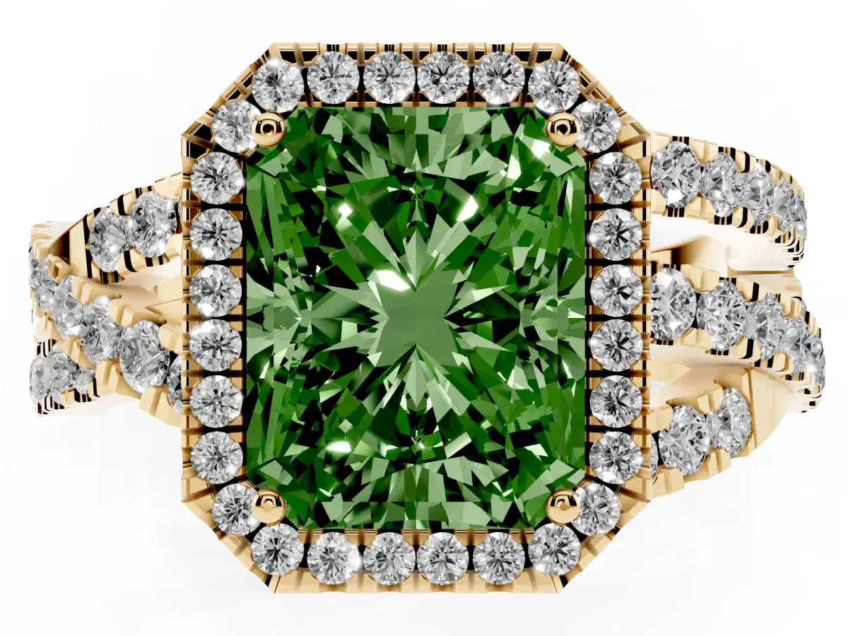 Fancy Green Radiant Cut Diamond Halo Ring with Round Split Shank and Prong Setting Yellow gold