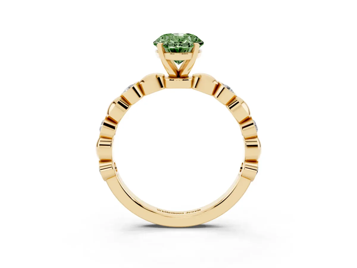 Fancy Green Oval Cut Solitaire Bezel-Set Diamond Ring with Beaded Band and Four-Prong Setting Yellow gold