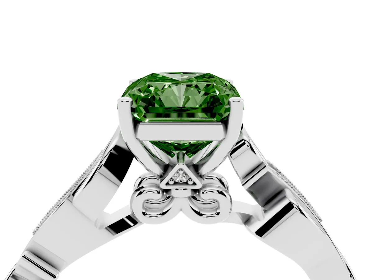 Fancy Green Radiant Cut Solitaire Vine Band with Milgrain Prong Setting Silver