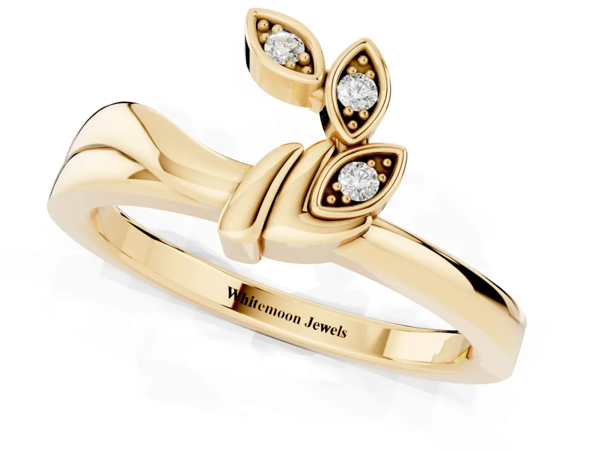 Three-Stone Round Diamond Leaf Bypass Ring with Bezel Setting Yellow gold