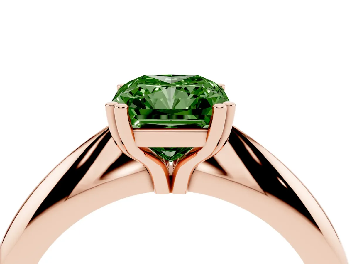 Fancy Green Radiant Cut Cut Solitaire Engagement Ring with Tapered Band and Four-Prong Setting Rose gold