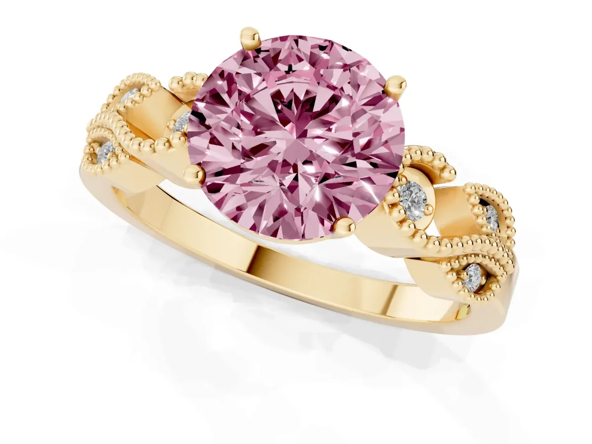 Fancy Pink Round Cut Solitaire Milgrain Leaf Band with Prong Setting Yellow gold