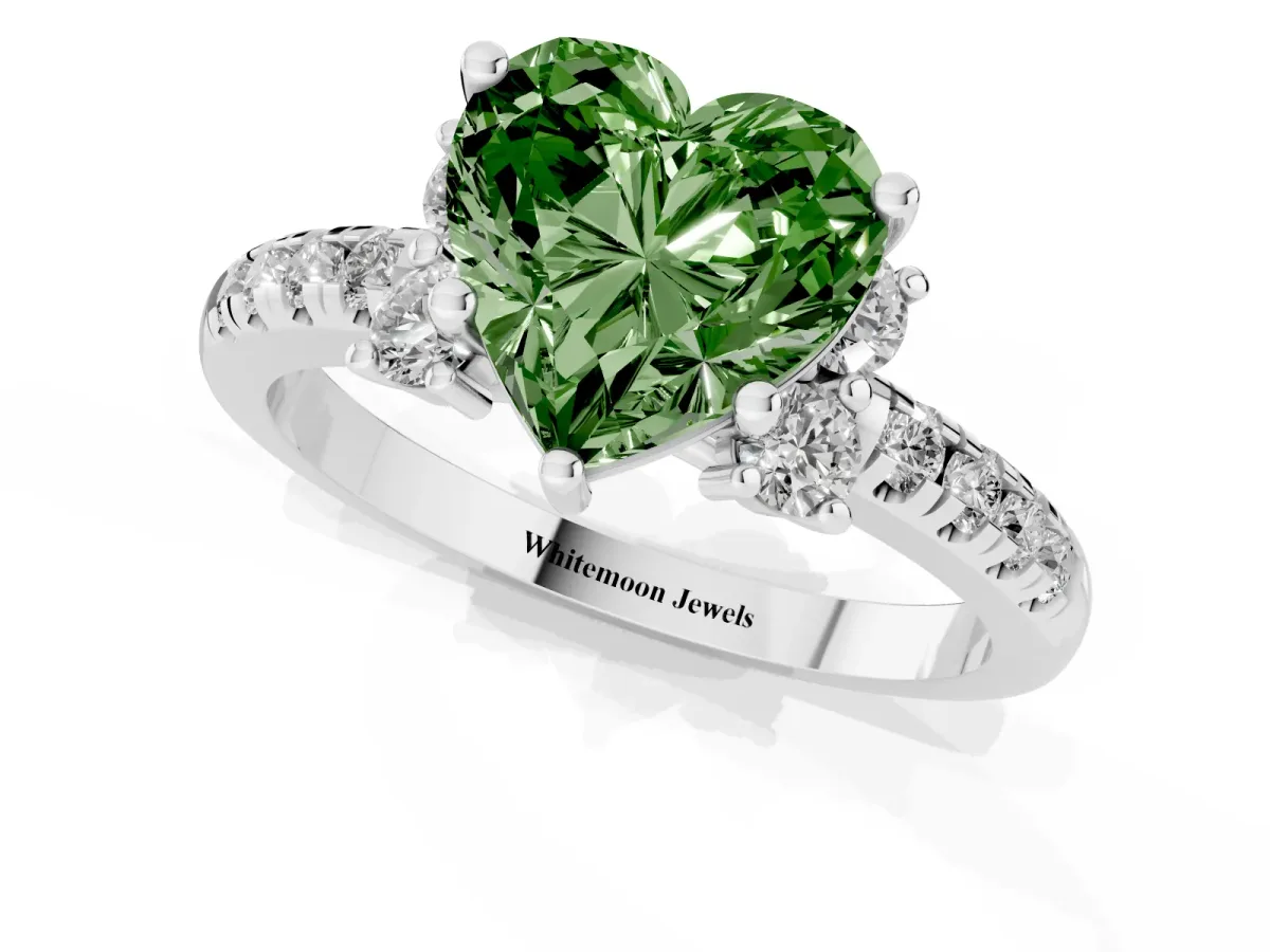 Fancy Green Heart Cut Diamond Three-Stone Pave Band with Four-Prong Setting Silver