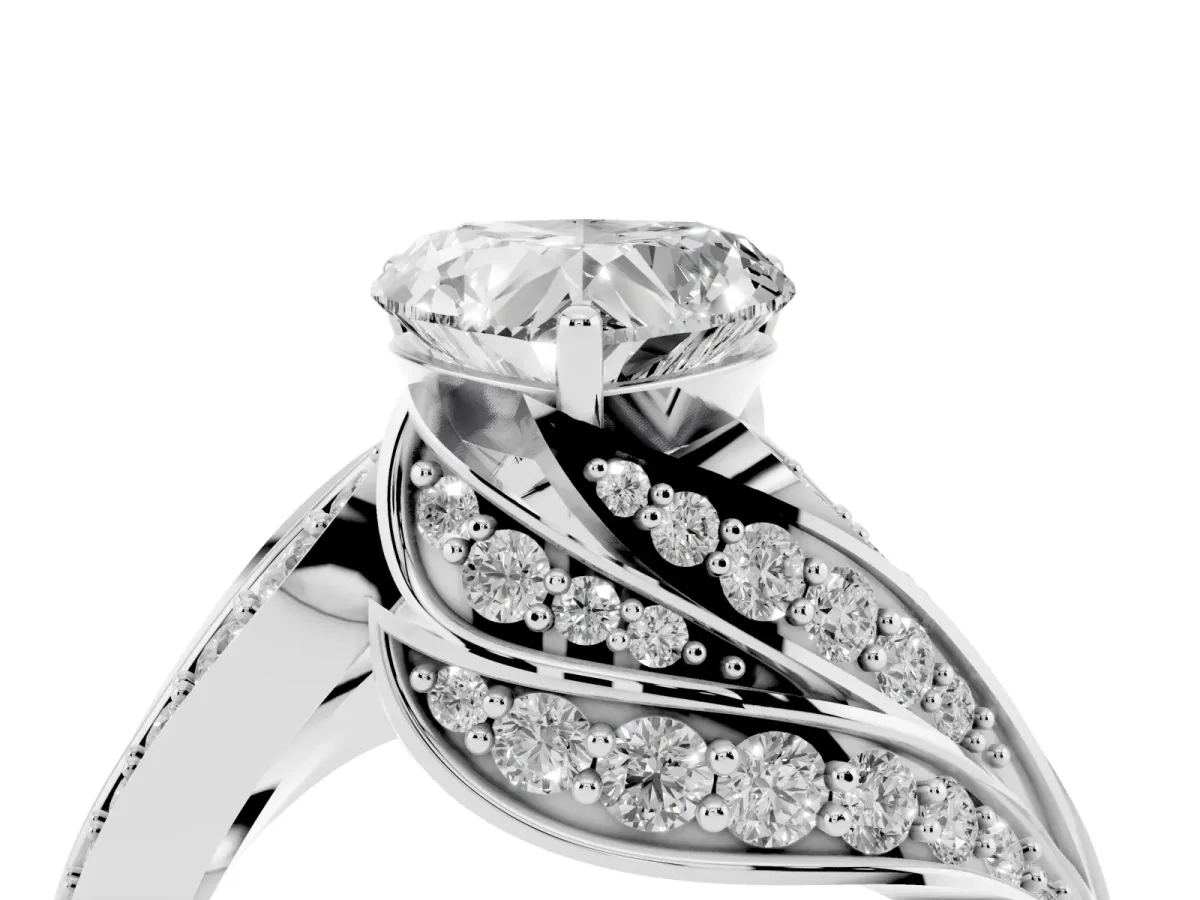 Heart Cut Diamond Solitaire Ring with Prong Setting and Twisted Pavé Band Silver