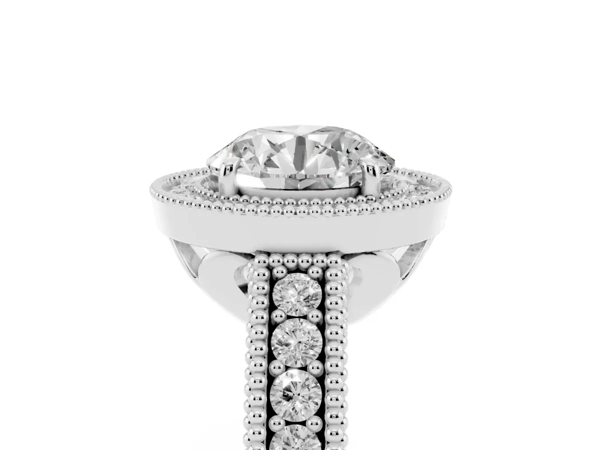 Round Cut Cut Halo Diamond Ring with Pavé Band and Four-Prong Setting Silver
