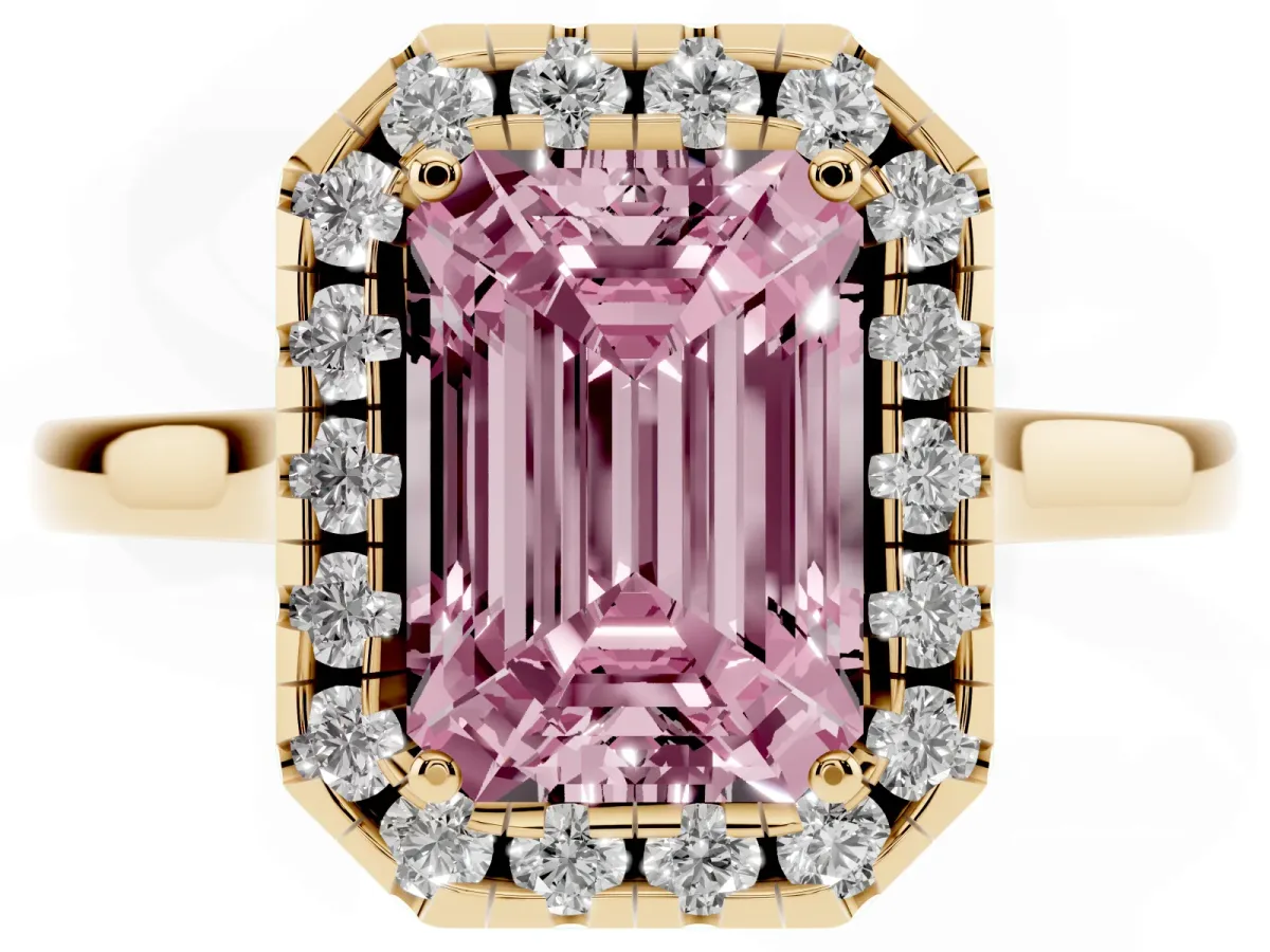 Fancy Pink Emerald Cut Halo Round Diamond Solitaire Ring with Pavé Band and Four-Prong Setting Yellow gold