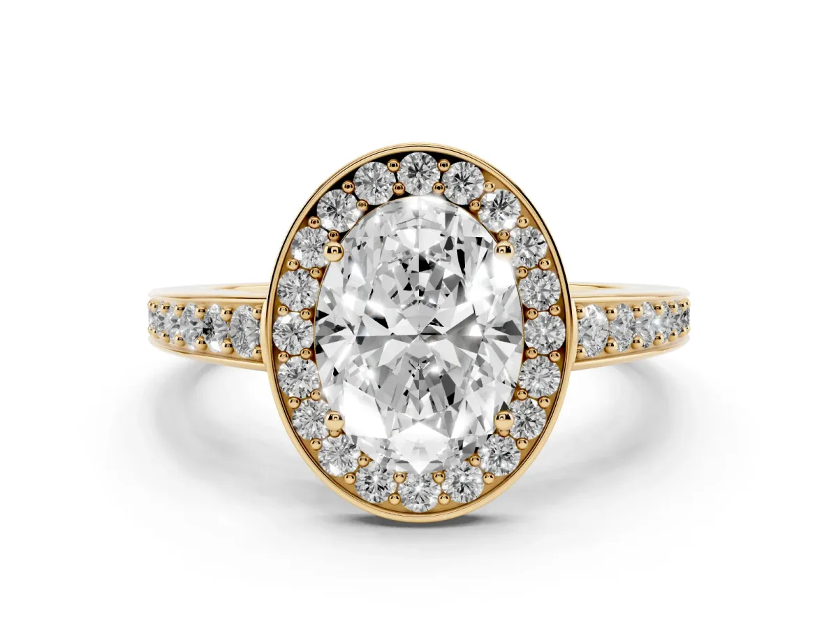 Oval Cut Halo Pavé Diamond Engagement Ring with Bezel Setting Yellow gold