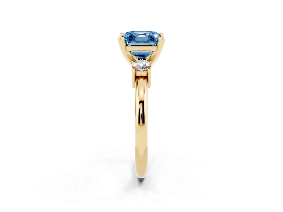 Fancy Blue Three-Stone Asscher Cut Cut Diamond Solitaire with Prong Setting and Classic Band Yellow gold