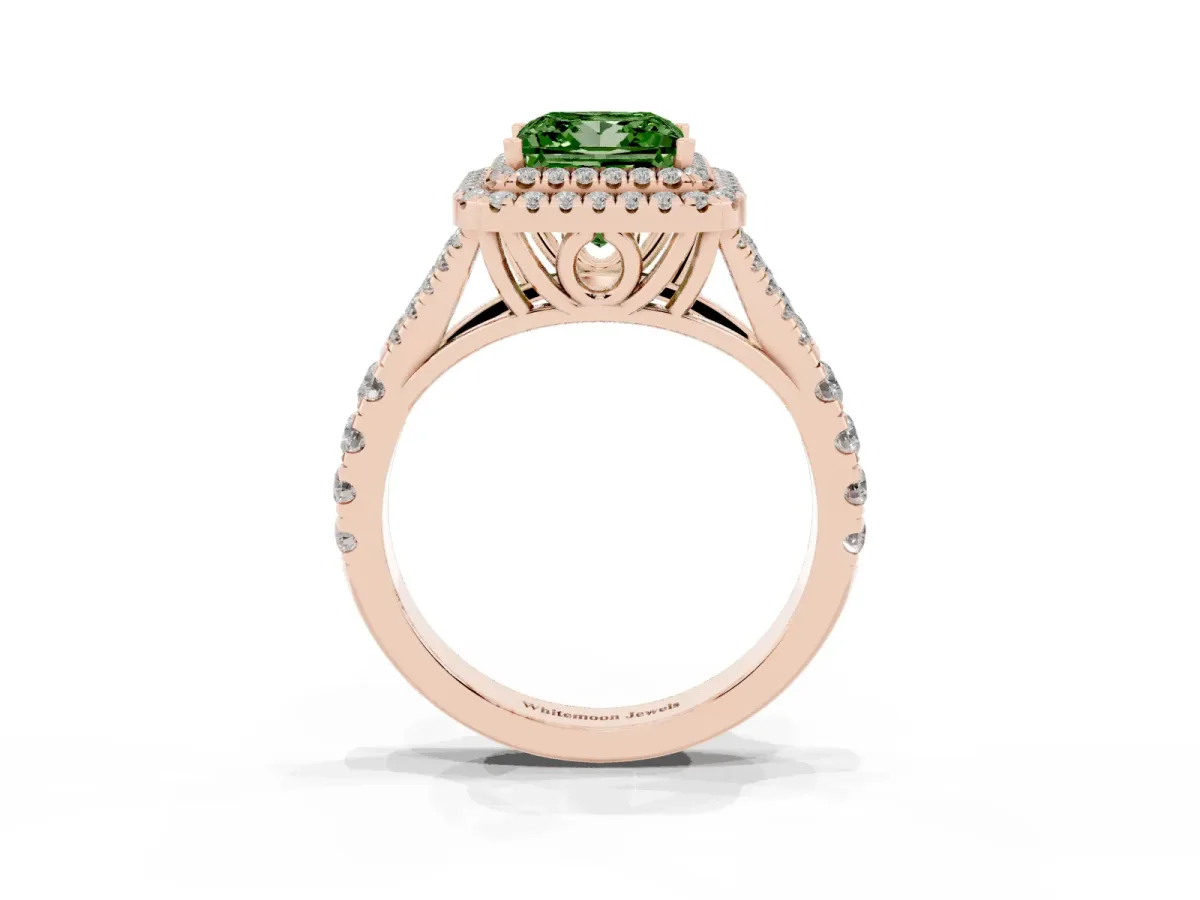 Fancy Green Princess Cut Diamond Double Halo Ring with Split Shank and Prong Setting Rose gold