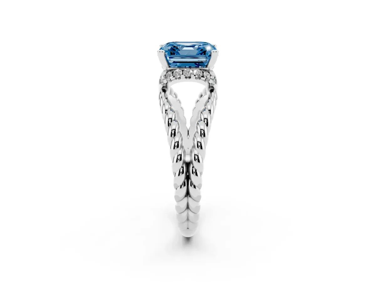 Fancy Blue Asscher Cut Halo Twisted Band Four-Prong Ring Silver