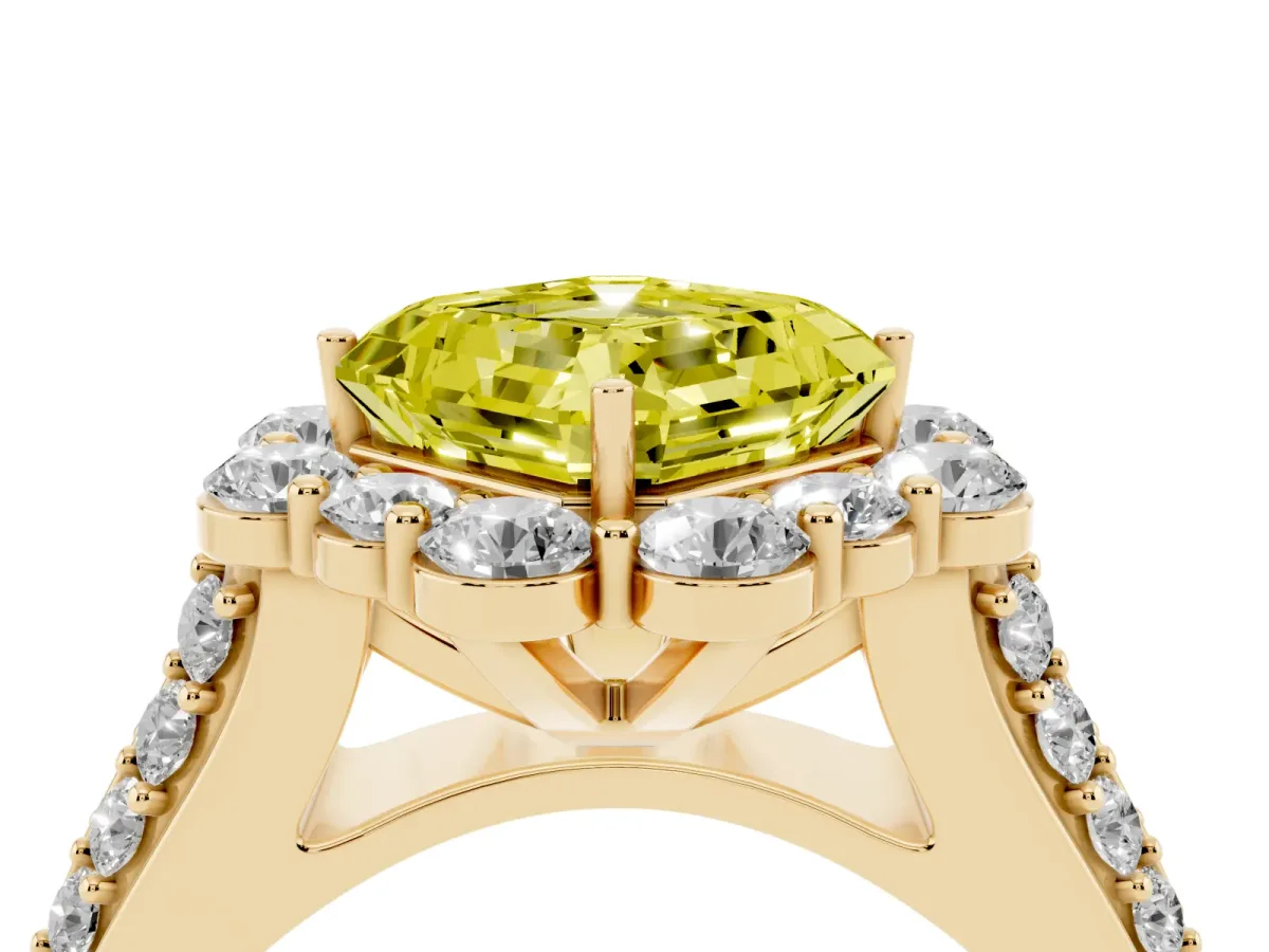 Fancy Yellow Asscher Cut Halo Diamond Engagement Ring with Split Shank and Prong Setting Yellow gold