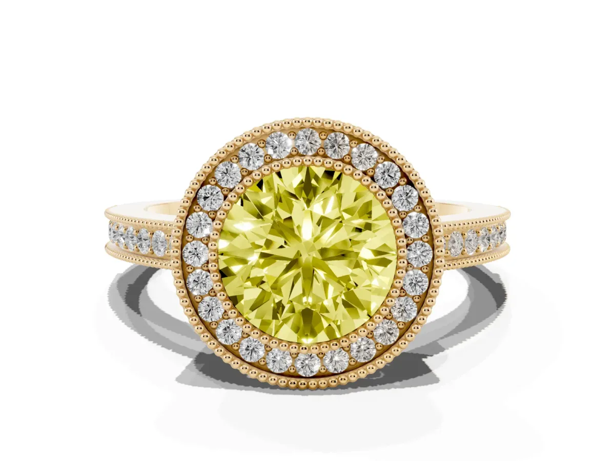 Fancy Yellow Round Cut Cut Halo Diamond Ring with Pavé Band and Milgrain Prong Setting Yellow gold