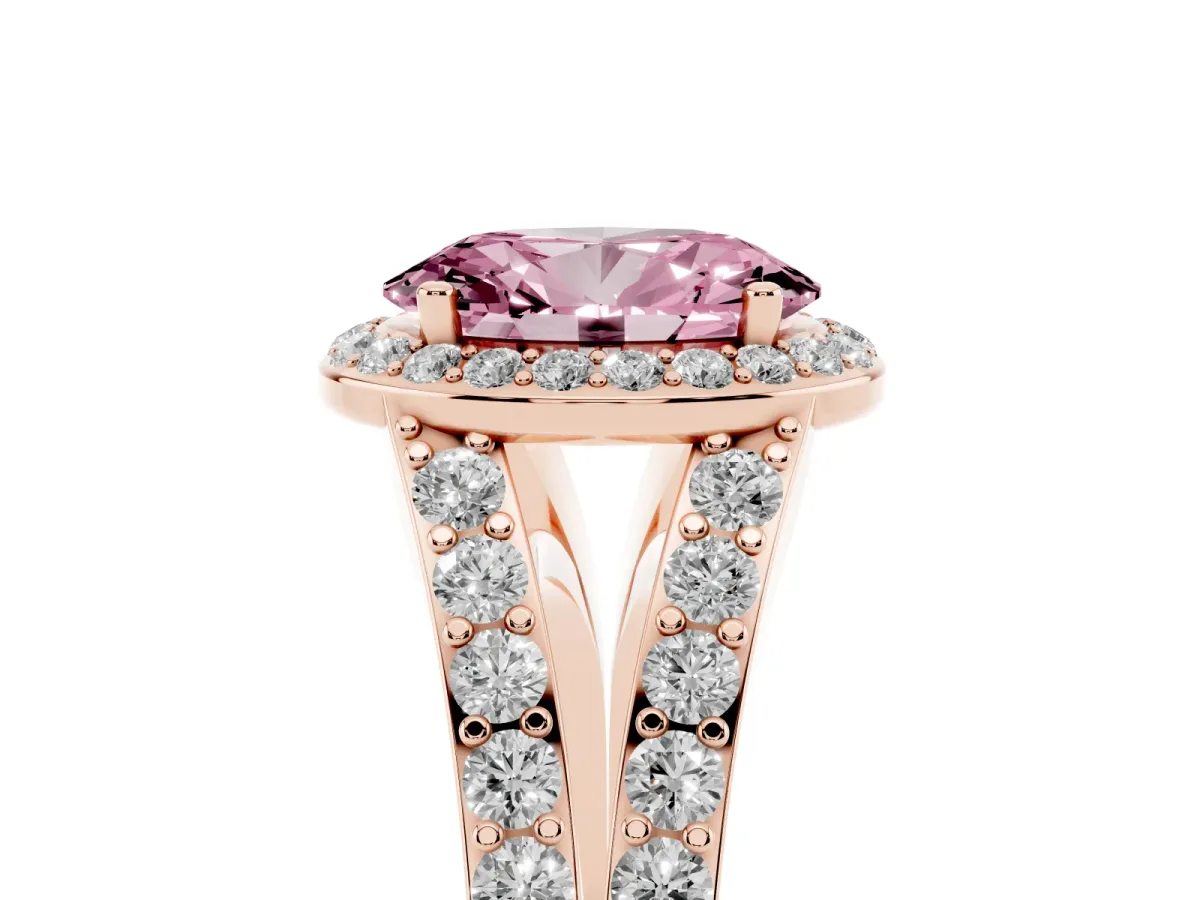 Fancy Pink Oval Cut Diamond Split Shank Halo Ring with Four-Prong Setting Rose gold
