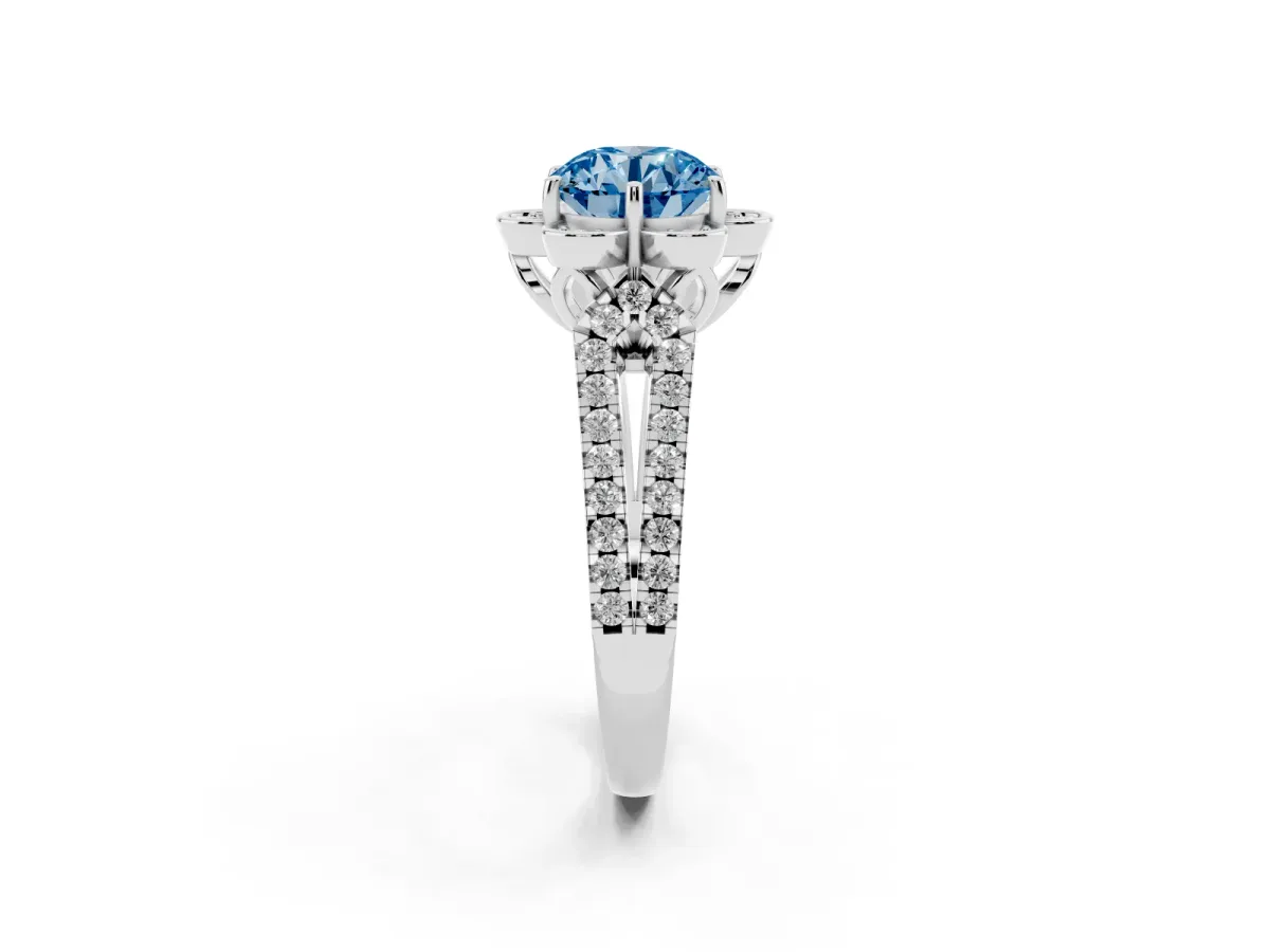 Fancy Blue Round Cut Halo Diamond Floral Split Shank Engagement Ring Silver