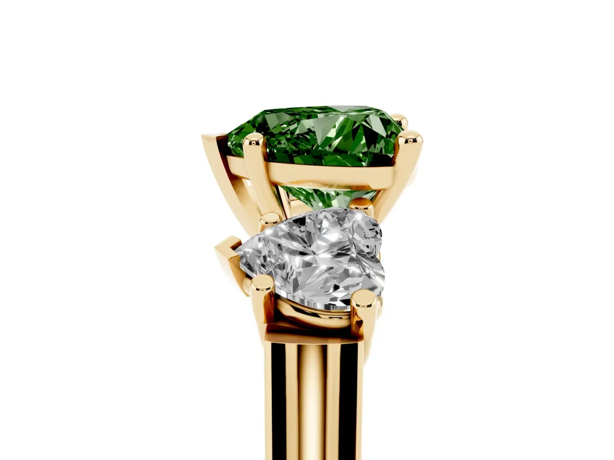 Fancy Green Three-Stone Heart Cut Brilliant Diamond Trellis Ring with Comfort Fit Band Yellow gold