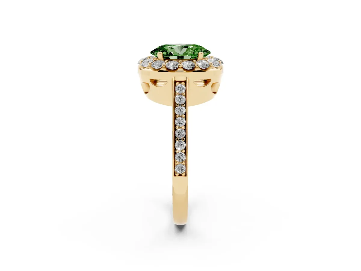 Fancy Green Oval Cut Diamond Floral Halo Ring with Pavé Band and Prong Setting Yellow gold