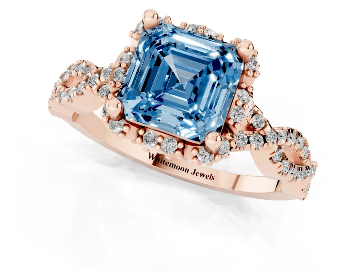 Fancy Blue Asscher Cut Halo Twist Band Solitaire Ring with Six-Prong Setting Rose gold