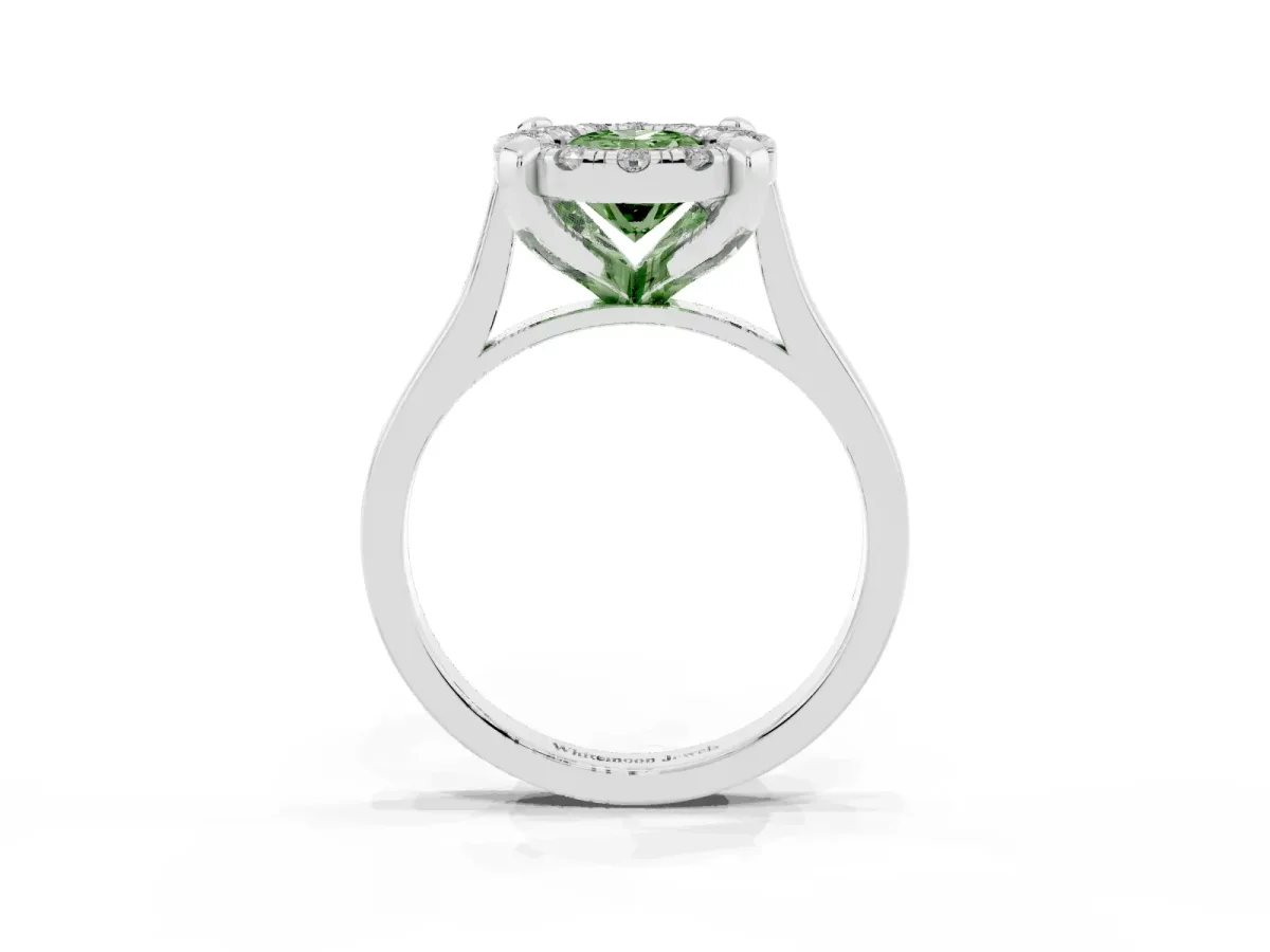 Fancy Green Oval Cut Diamond Cluster Halo Solitaire with Four-Prong Setting Platinum