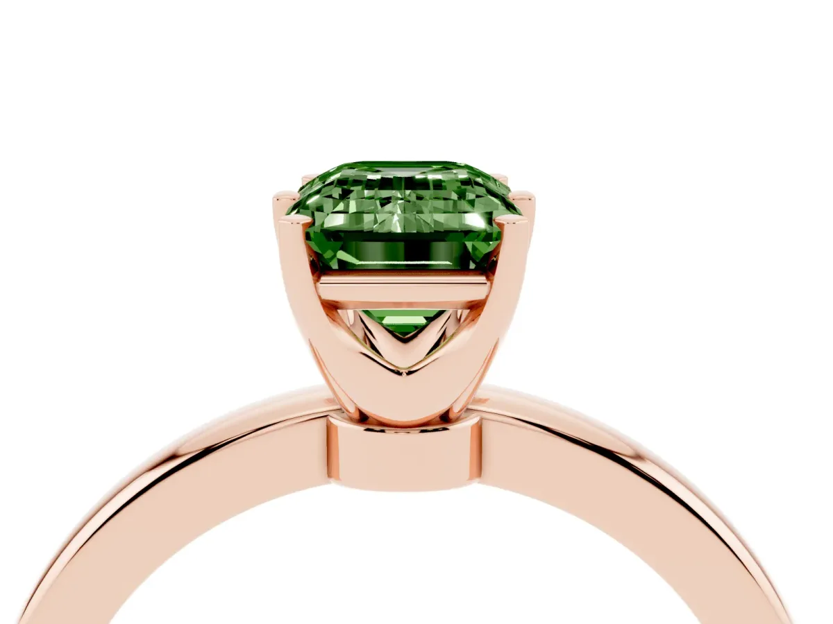 Fancy Green Emerald Cut Solitaire Diamond Ring with Six-Prong Setting on a Classic Band Rose gold