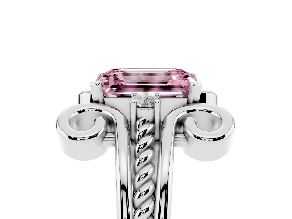 Fancy Pink Emerald Cut Solitaire Twisted Band Scroll Prong Ring Silver