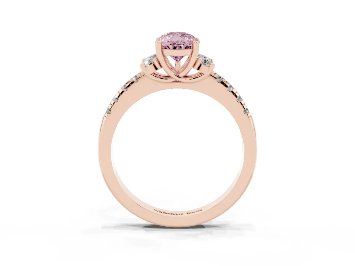 Fancy Pink Pear Cut Diamond Three-Stone Pave Band with Four-Prong Setting Rose gold