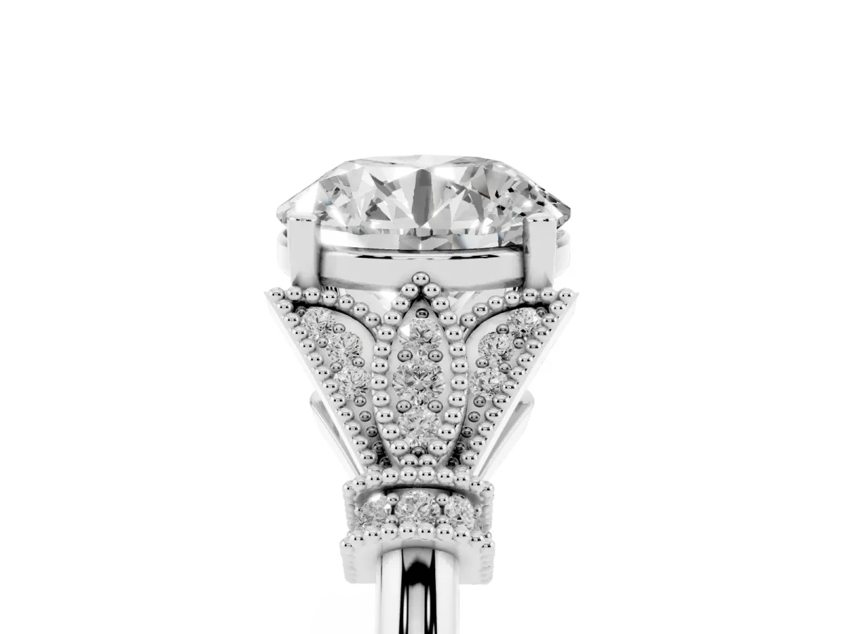 Round Cut Diamond Solitaire Ring with Floral Filigree and Pave Accents White gold