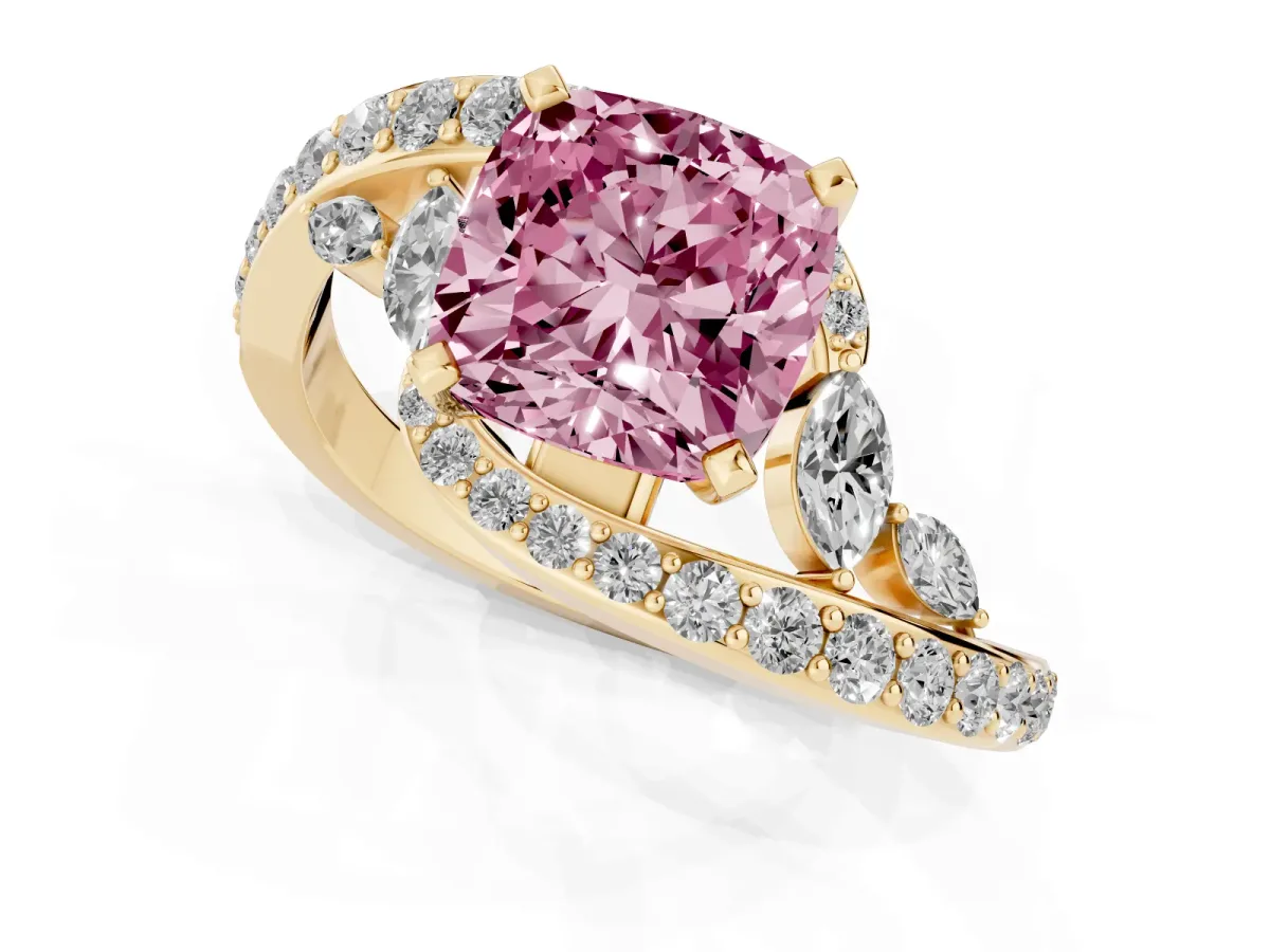 Fancy Pink Cushion Cut Diamond Solitaire Ring with Filigree Band and Four-Prong Setting Yellow gold