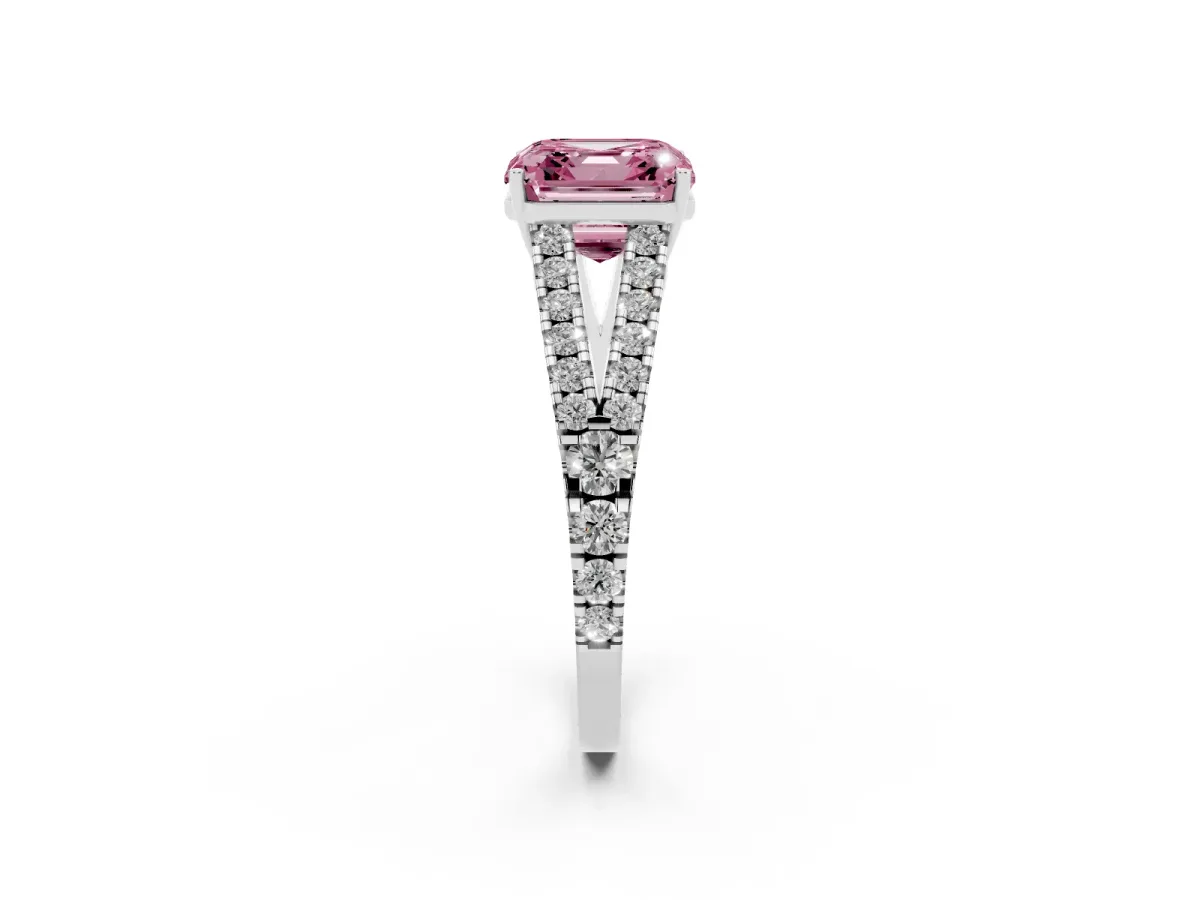 Fancy Pink Asscher Cut Diamond Split Shank Engagement Ring with Round Pavé and Prong Setting Silver