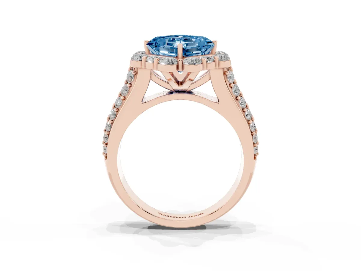 Fancy Blue Asscher Cut Halo Diamond Engagement Ring with Split Shank and Prong Setting Rose gold