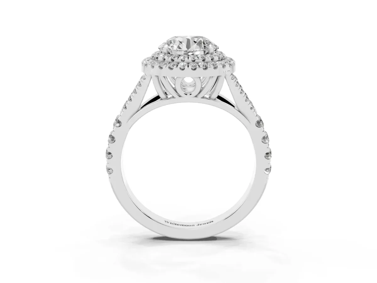 Round Cut Diamond Double Halo Ring with Split Shank and Prong Setting Silver