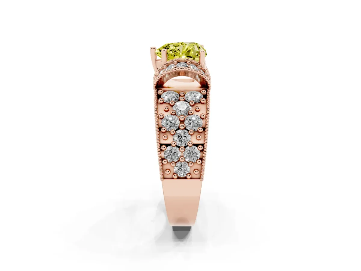 Fancy Yellow Heart Cut Halo Pave Diamond Engagement Ring with Milgrain Detailing Rose gold