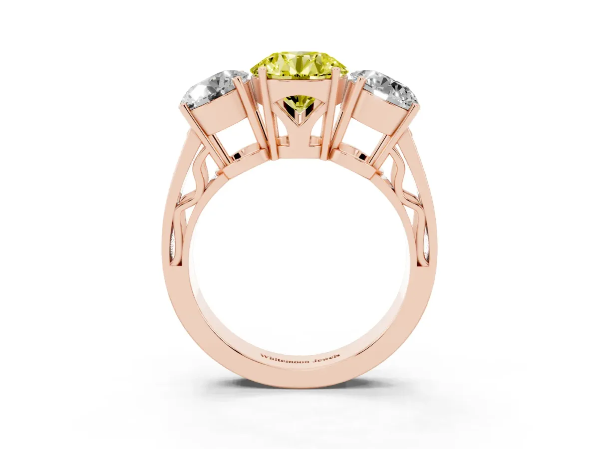 Fancy Yellow Round Cut Diamond Three-Stone Ring with Prong Setting and Textured Band Rose gold