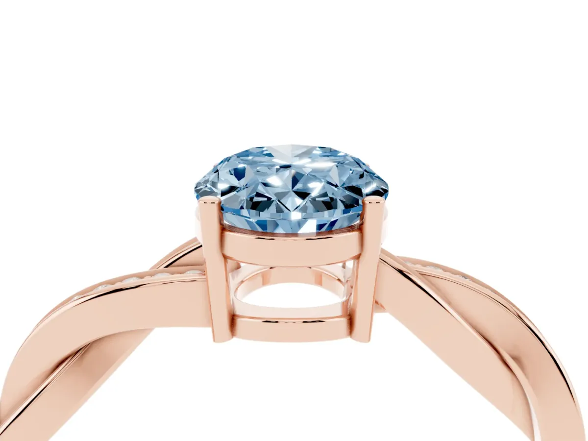 Fancy Blue Oval Cut Solitaire Twisted Pave Diamond Ring with Four-Prong Setting Rose gold