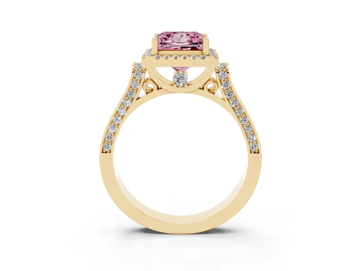 Fancy Pink Princess Cut Halo Round Diamond Twist Band with Four-Prong Setting Yellow gold